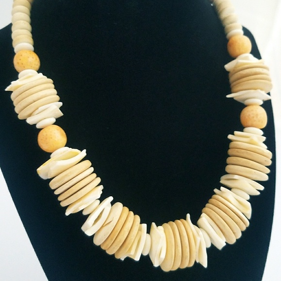 Boho Shell Wood Beaded Stacked Geometric Necklace - Picture 2 of 4